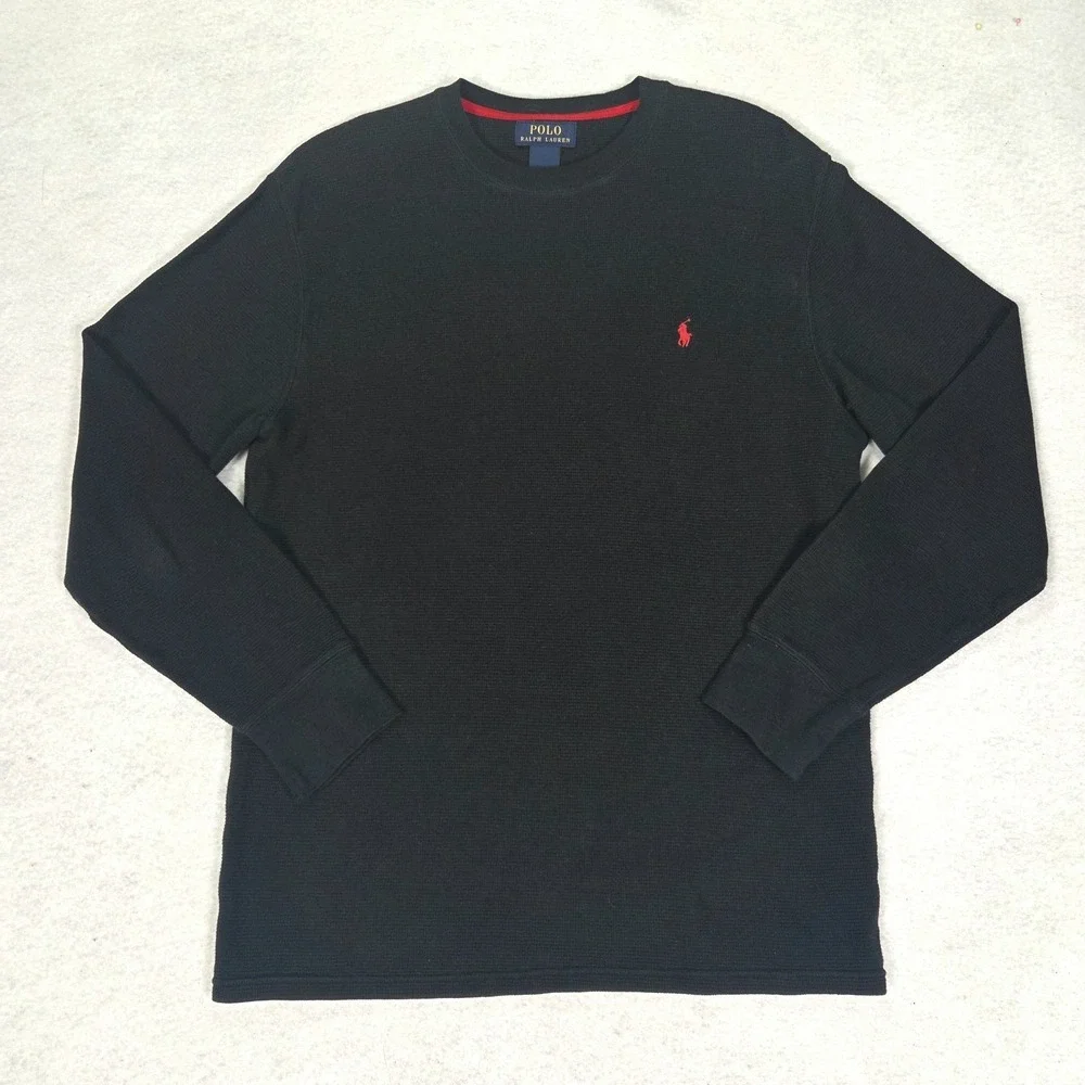 Polo Ralph Lauren Shirt Mens‎ Large Black Waffle Knit Thermal Cotton Long Sleeve